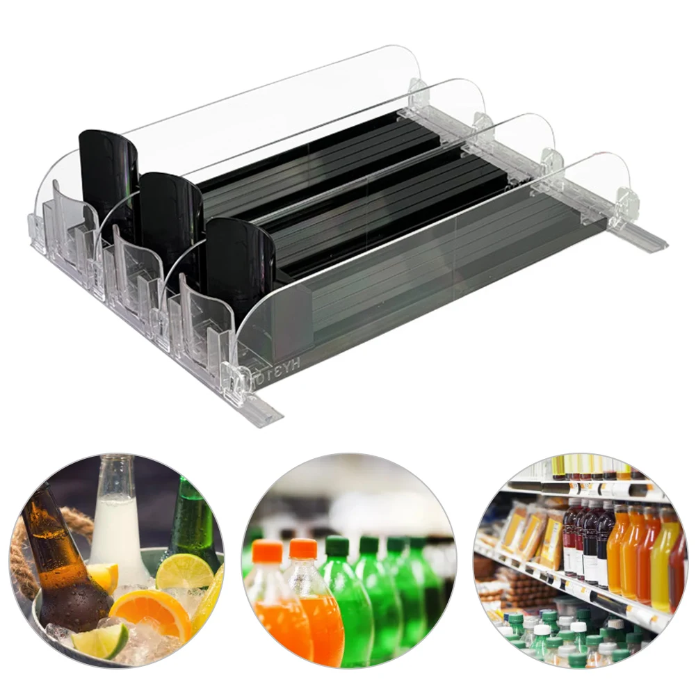 

Drink Organizer Dispenser Spring Push Canned Beverage Push Rack Adjustable Width Storage Shelf E-shaped Glide for Kitchen Fridge