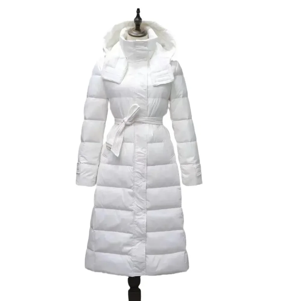 Women Long Hooded Warm Belt Slim Down Coat Female Korean Office Lady Casual Fashion 2025 New Winter White Duck Down Jacket