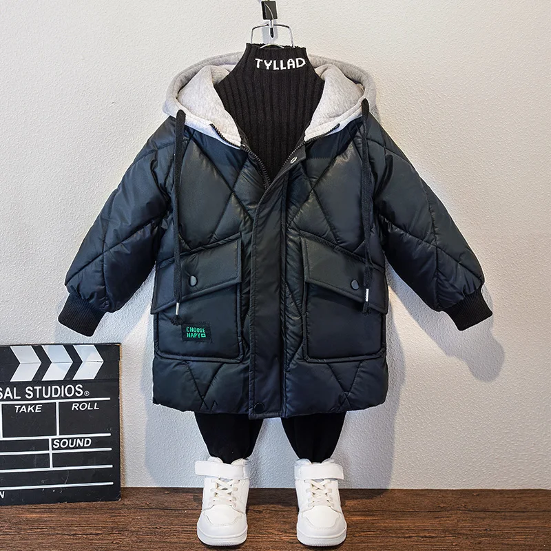 

Thiened Fce Inner down Cotton Jaet Boys Winter Clothes Street Sle Parka Coat for Middle And Big Children