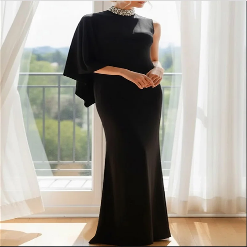 Robe mère de la mariée noire personnalisée, en Satin perlé, épaules dénudées, robes de soirée, longueur au sol