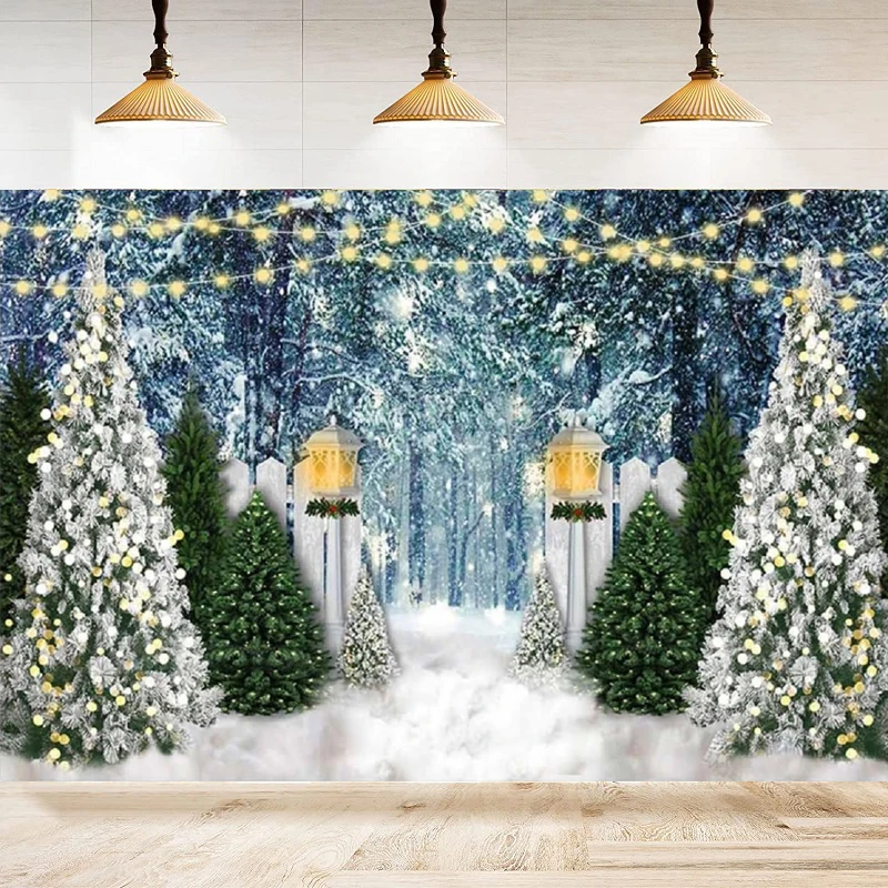 Photography Backdrop Snowy Forest Winter For Winter Warm Light Xmas Tree Background Home Party Backdrop Wall Banner Decor Poster