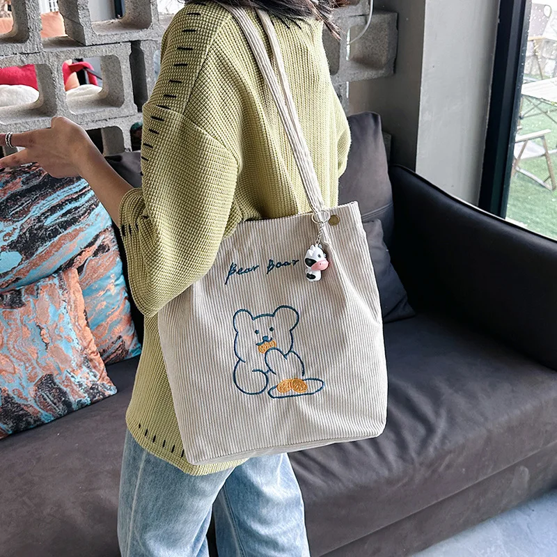 Women's Corduroy Tote Bag, Multi Purpose Fashion Shoulder Bag, Artistic Stripe Plush Handbag for Women College Student Daily Use