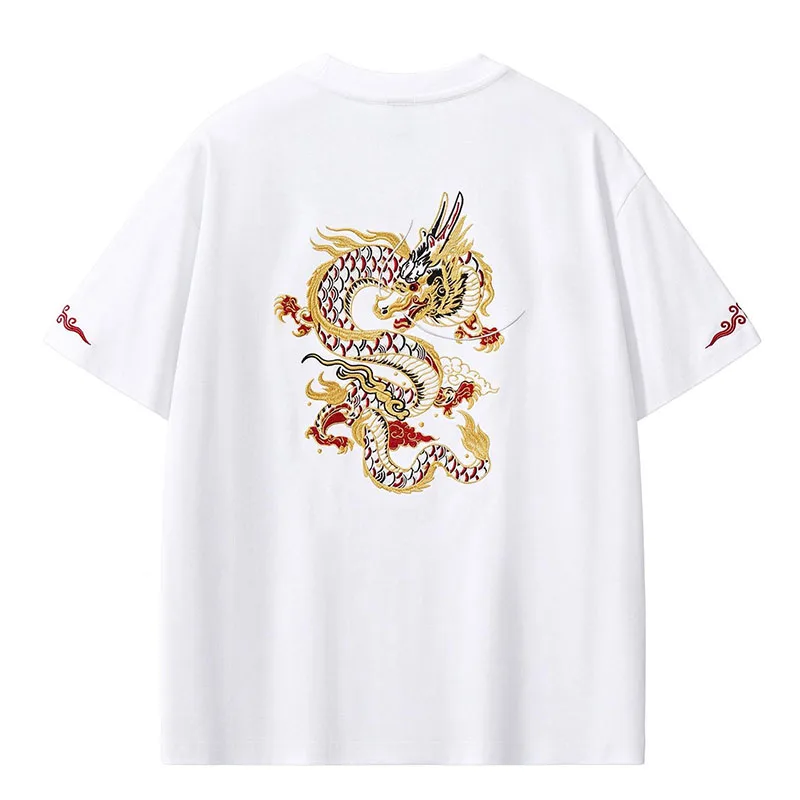 Men Crew Neck Drop Shoulder T-shirt 100% Cotton Golden Thread Chinese Dragon Embroidery Loose Plus Size Streetwear Short Sleeve