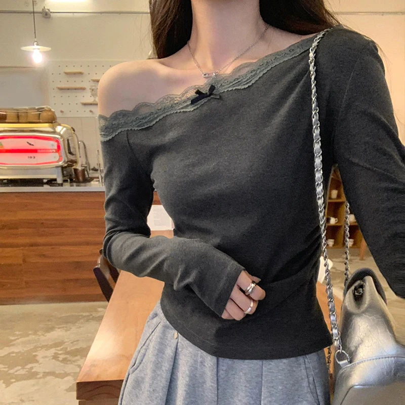 

Spring Summer Lace Patchwork Women's T-shirts 2025 New Solid Long Sleeve Slash Neck Casual Korean Bottom Slim Tops Female