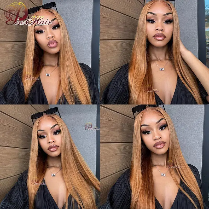 Ginger Brown Lace Front Human Hair Wigs Honey Blonde 13X6 Straight Lace Front Wig for Women Pre-Plucked Remy Human Hair Wig 32''