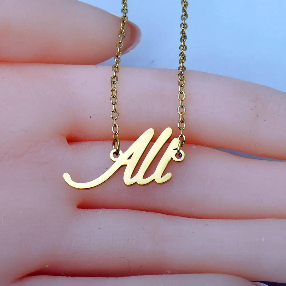 Ali Nameplate Gold Plated Stainless Steel Name Necklace - Personalized Lightweight Daily Wear Jewelry Gift for Mom on Birthday