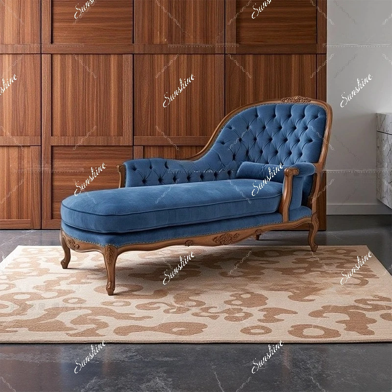 French retro wind solid wood carving flower chaise longue bedroom lounge chair