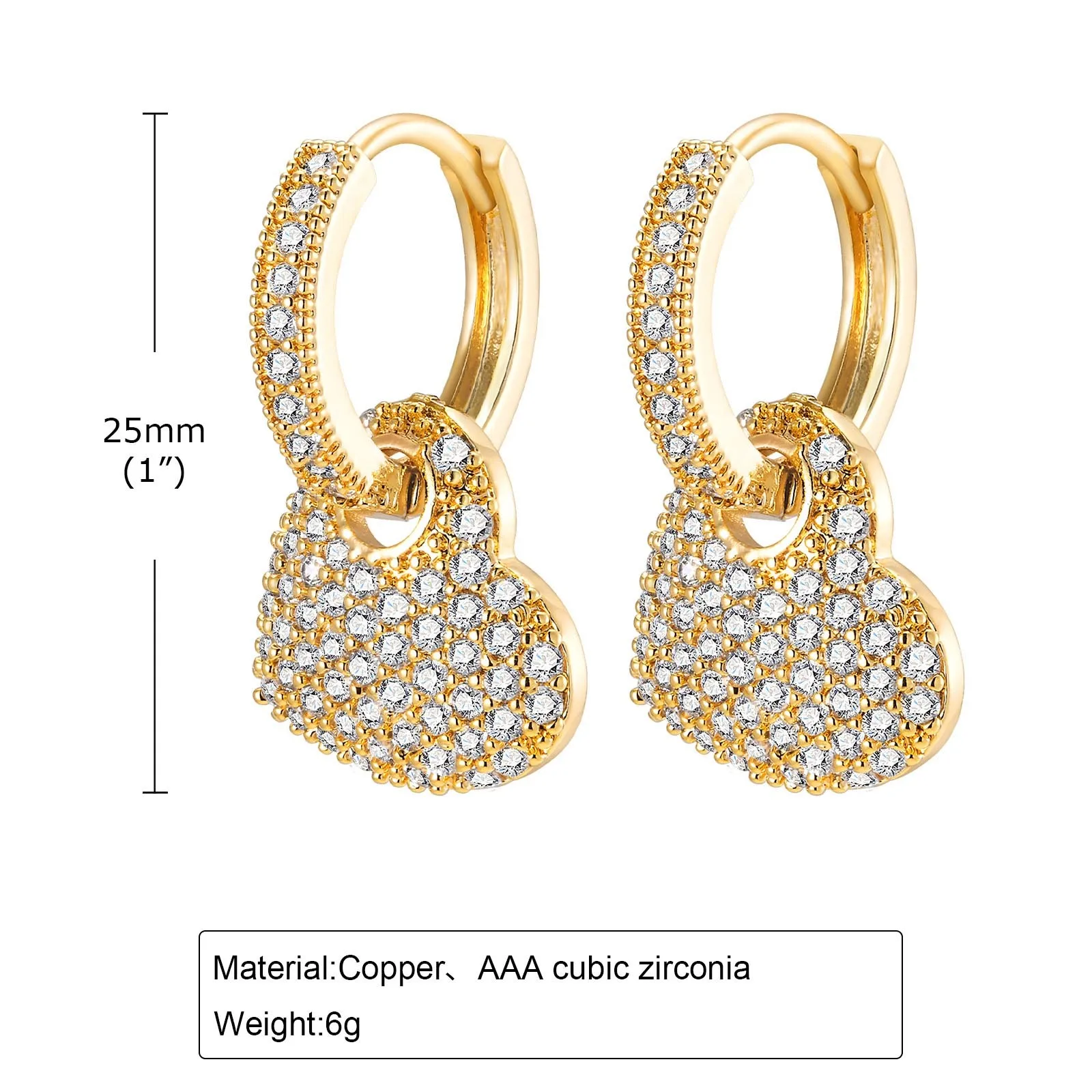 Trendy Gold Plated White CZ Stone Ear Jewelry Heart Huggie Hoop Earrings Dainty Drop Earrings for Women