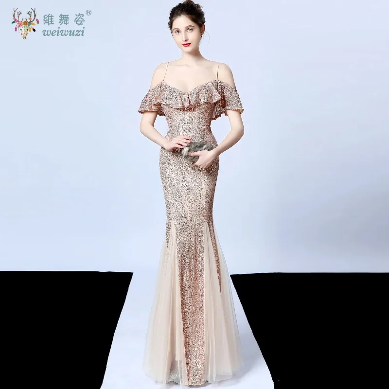 

Elegant Women Straps Prom Evening Dresses Birthday Party Sexy Fishtail Dress Sequin Hight Waist Bodycon Tulle Bottom Dress Gown