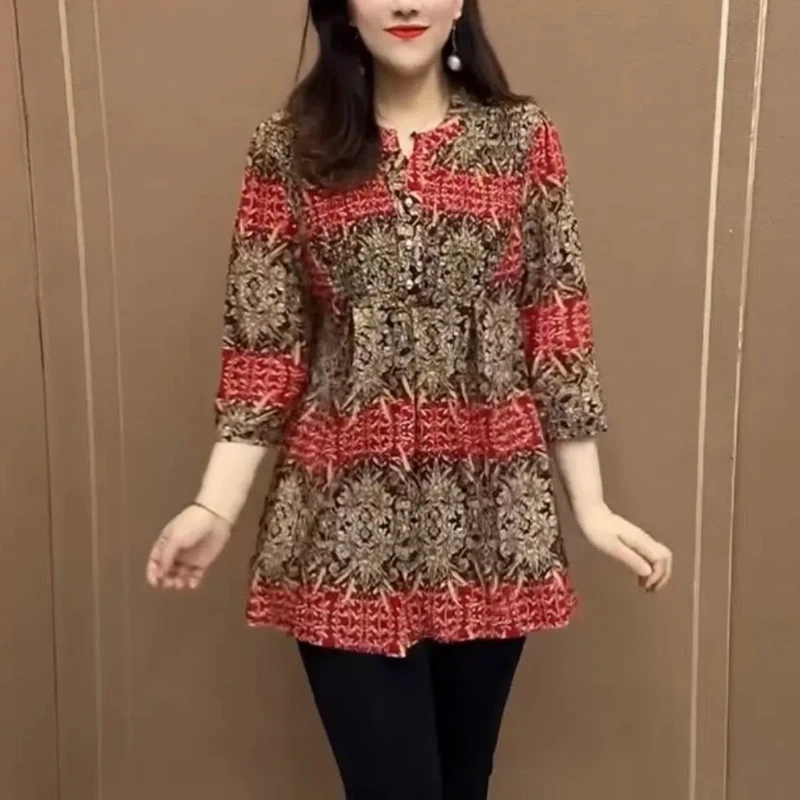 2024 Fashion Gradient Mother Dress Summer New Pattern Loose Display Thin Medium and Long Styles Three Quarter Office Lady Tops