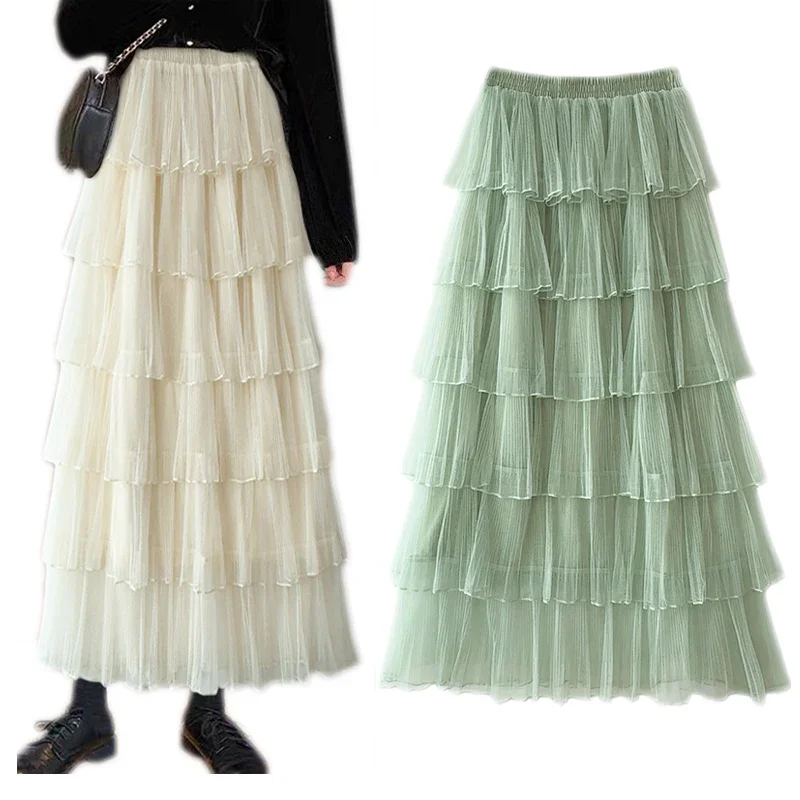 

Fashionable Long Maxi Skirt Tiered Tulle Skirt for Women Spring Long A-line Skirt Female Sweet Mesh Lengthen Tutu Skirts A317