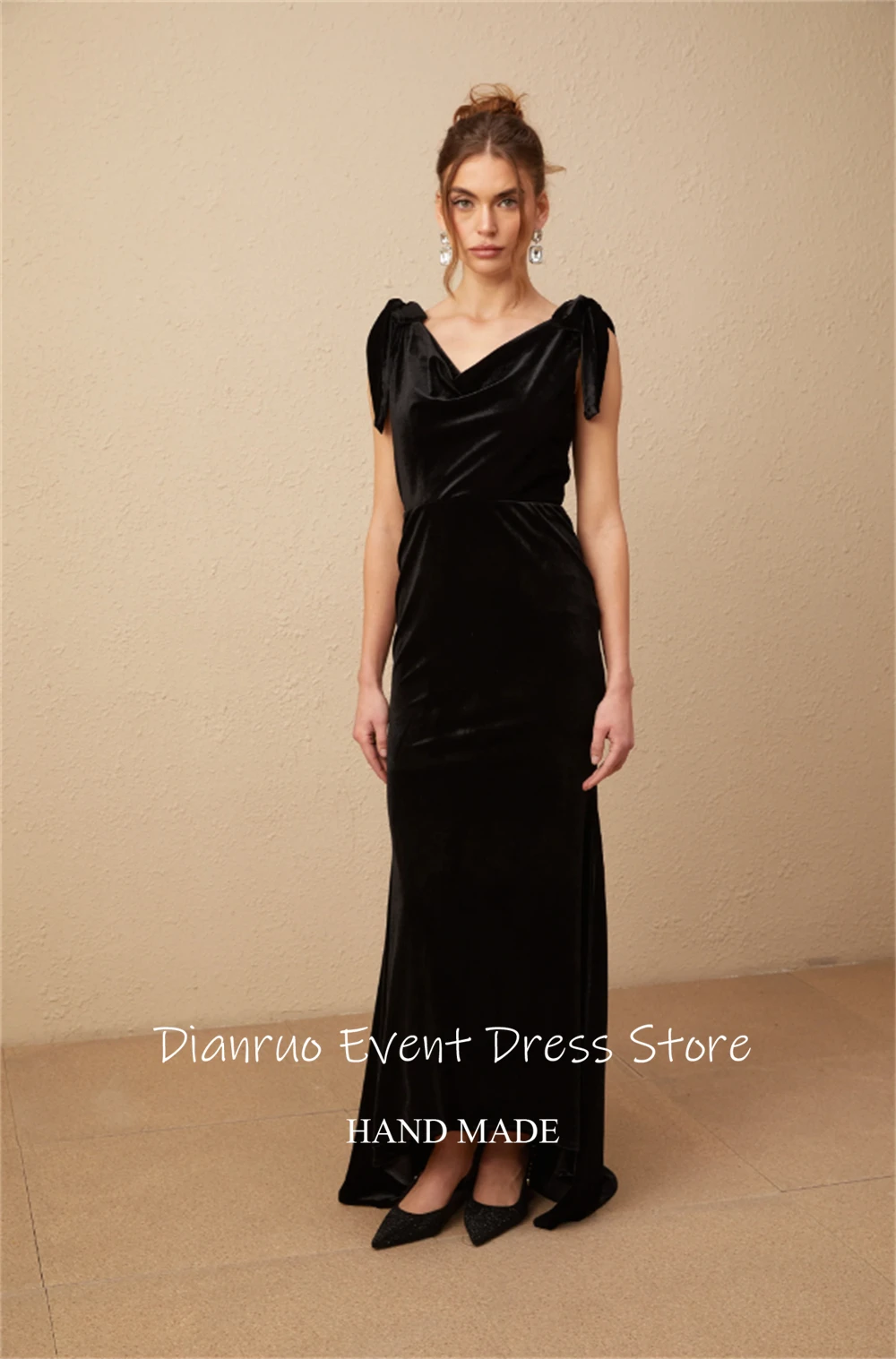 Dianruo Vintage Backless V Neck Evening Dress Back Pearls Maxi Vestidos De Fiesta Black Velvet Abiti Da Cerimonia Customized #4