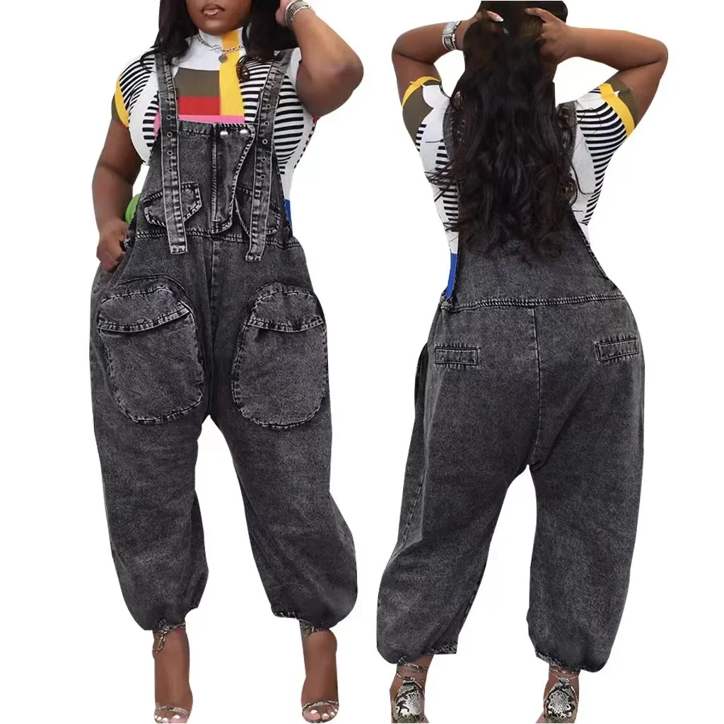 

Denim Jumpsuits for Women Wide Leg Pants One Piece Female Rompers Casual Overalls Vintage Suspenders Pockets Jeans Playsuits