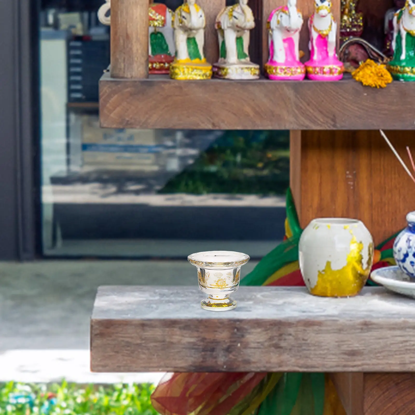 Crystal Buddhist Water Offering Cup with Golden Pattern, Compact Stable Design