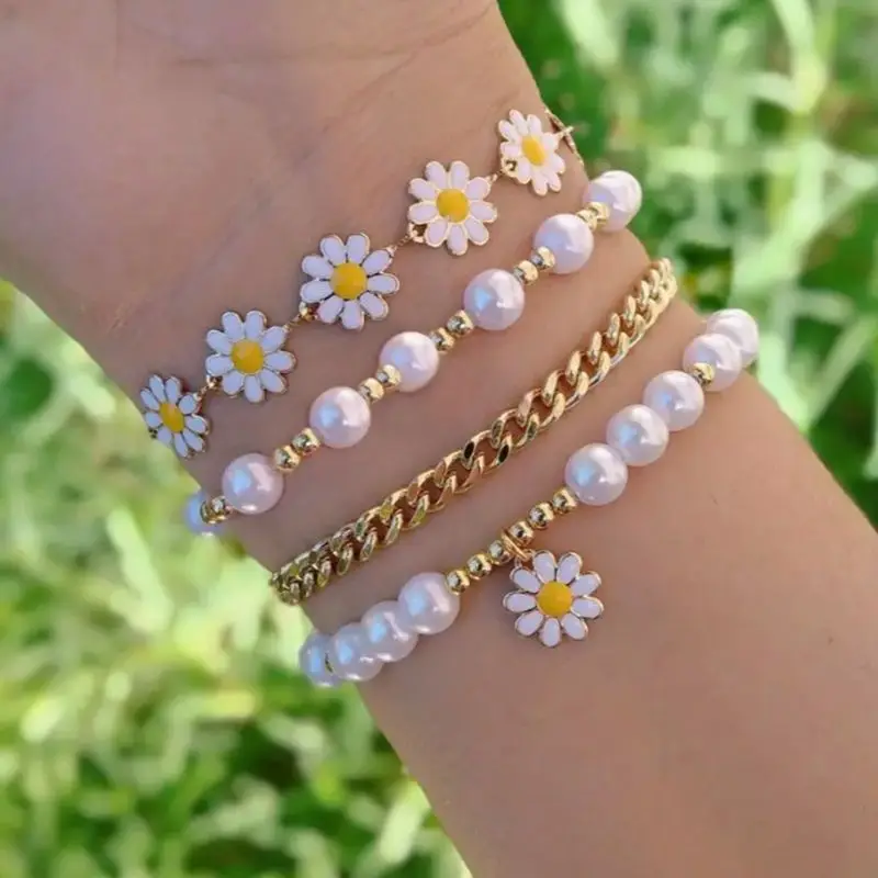 Elegant 4pc Daisy & Imitation Pearl Bracelet Set - Cute Zinc Alloy Jewelry for Stylish Girls, Ideal Gift