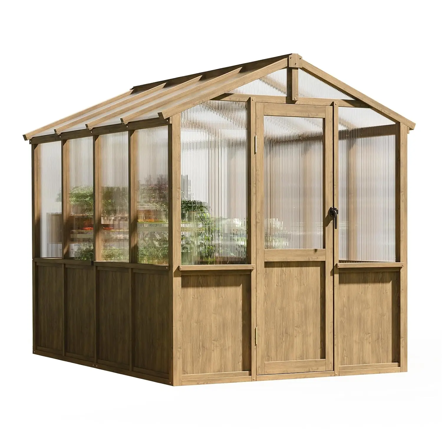 6x8 FT Wooden Greenhouse for Outdoors, 6MM Thick Polycarbonate Panel, Walk-in Green House Kit with Adjustable Roof Vent and Lock