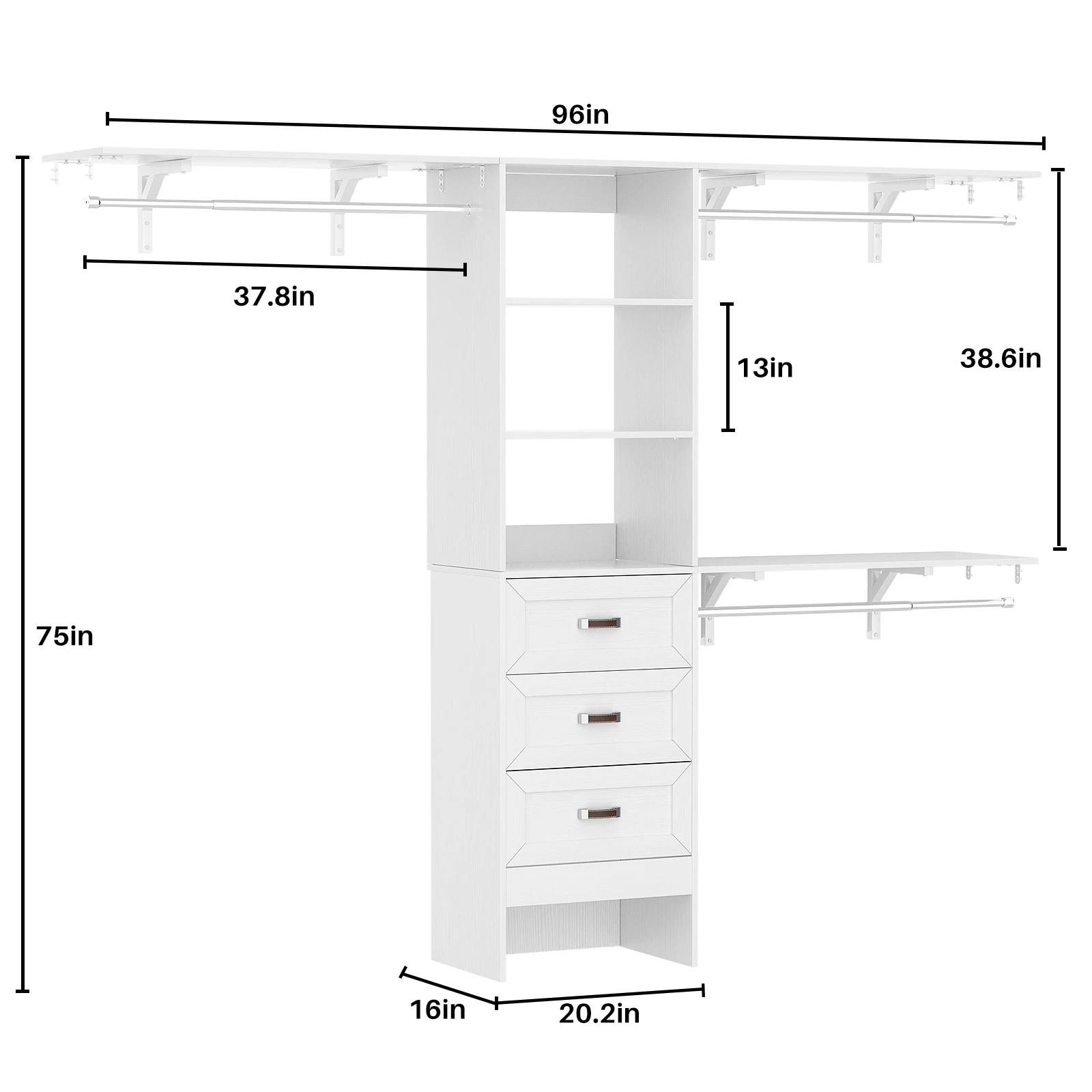 8FT Closet System with 3 Curved Drawers, 96