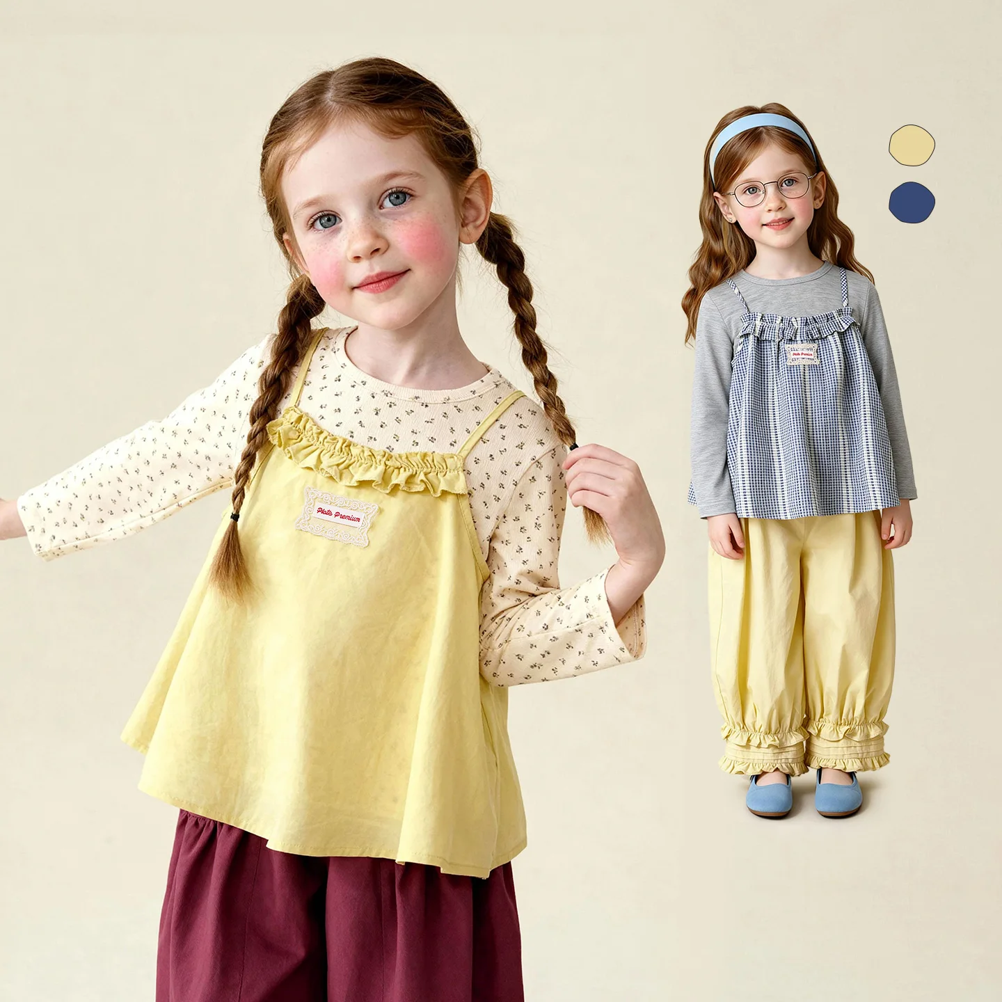 Amila Spring Girls' Strap Long Sleeve Two Piece Round Neck Long Shirt With Lotus Leaf Collar Strap Sweet And Cute Fashion Top