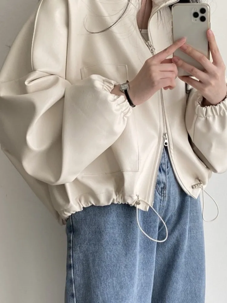 시크한 가을 여성용 바이커 가죽 재킷, 지퍼, 끈, 스탠드 칼라, 큰 캐주얼 디자인, 한국 스타일, 레귤러 핏 코트