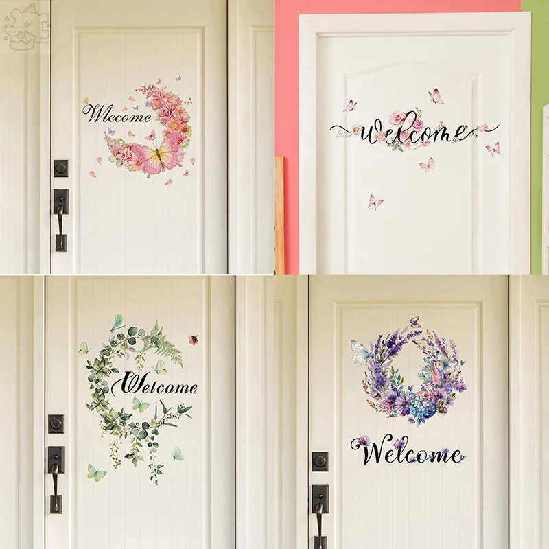 New A Variety Of Flowers Butterfly English Welcome Door Pasting