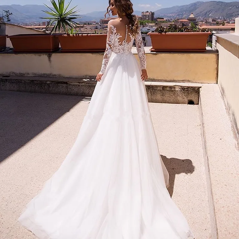 

Long Wedding Dresses A-Line with Sleeves Lace Appliques Scoop Neck Floor Length Wedding Bridal Gown Vestido Noiva Romantic