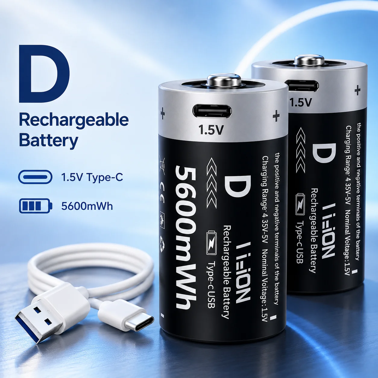 

D Size LR20 1.5V 5600mWh Type-C USB Rechargeable Lithium Battery for Gas Cooker Water Heater