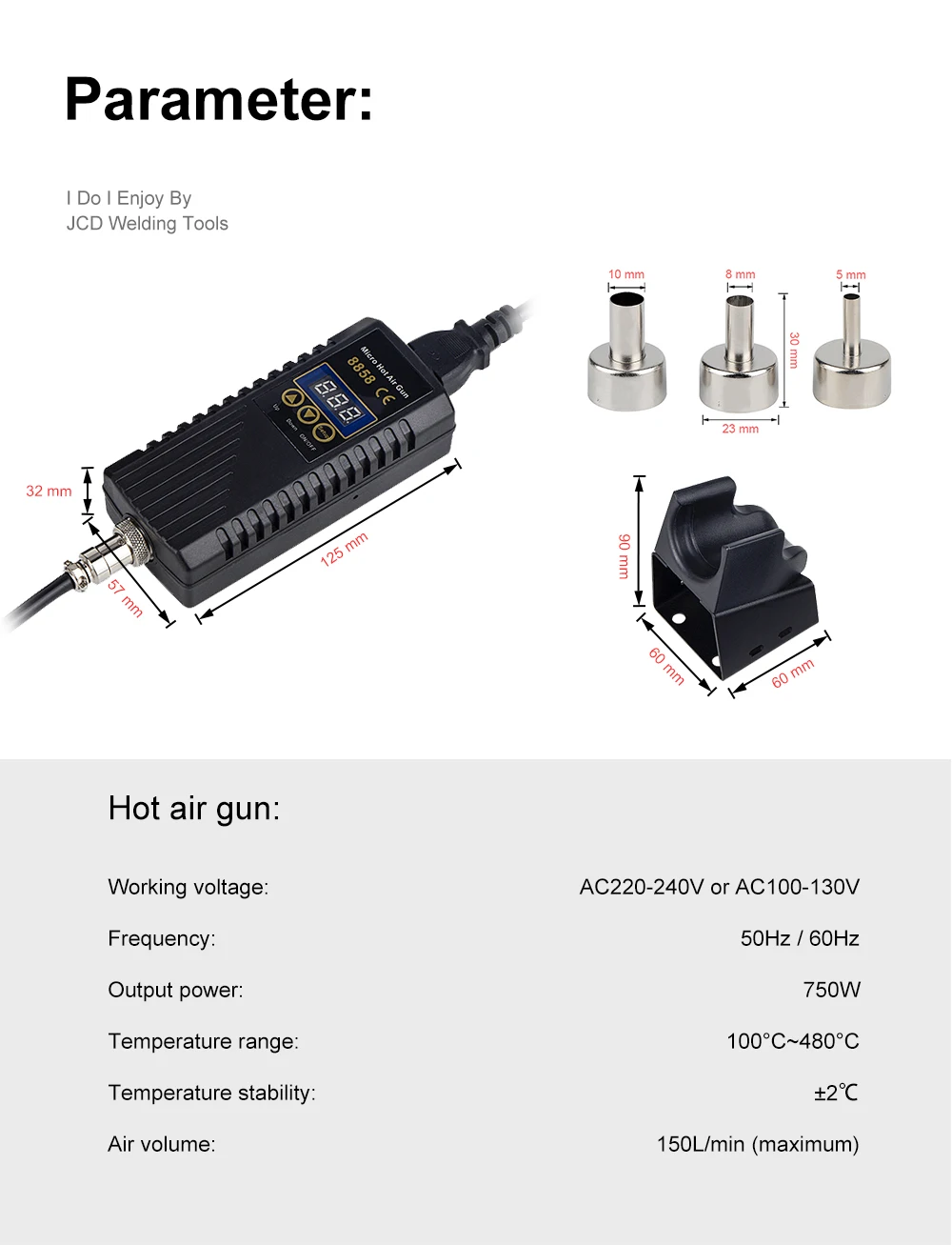 JCD 8858 Micro Hot Air Gun 750W Rework Soldering Station LCD Digital Hair Dryer For Soldering 110V Heat Gun Welding Repair Tools