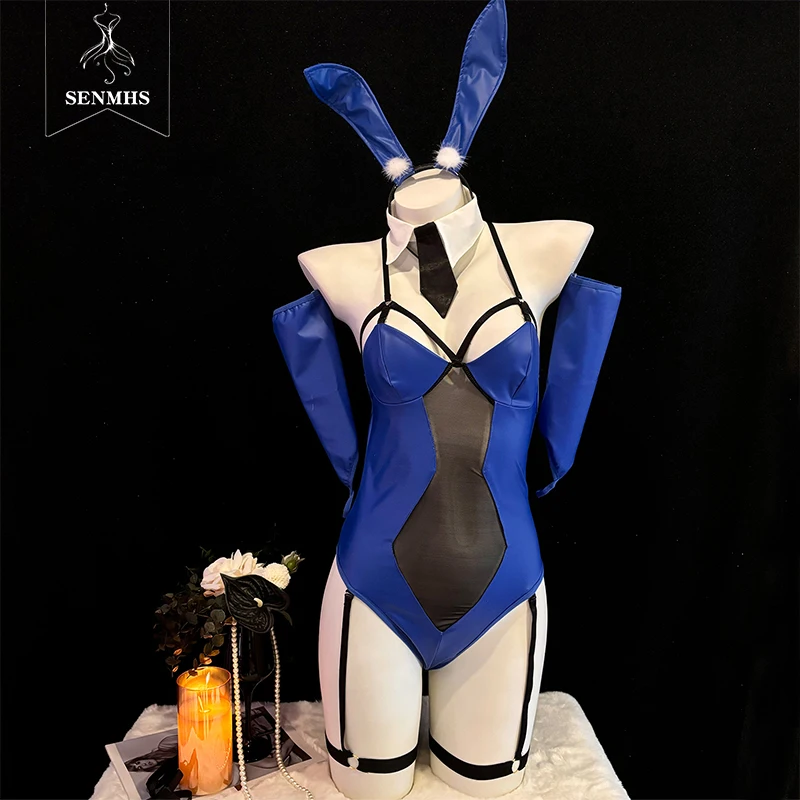 SENMHS Blue Bunny Girl Cosplay Leder Tiefer V Body Anime Halloween Uniform Frauen Rückenfreie Kaninchen Overall Outfit Kostüm