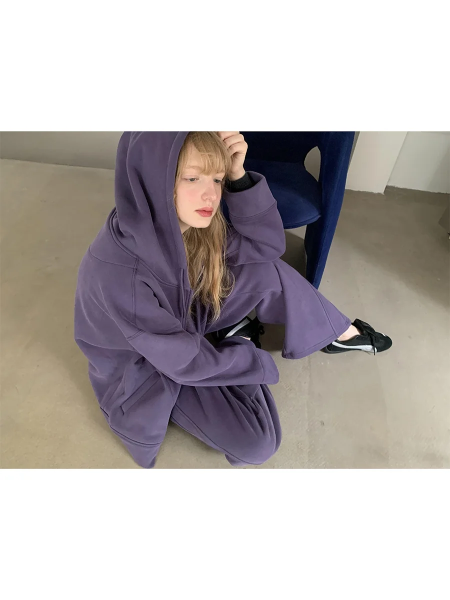 

Новый зимний комплект DKZ: фиолетовый флисовый кардиган с капюшоном и широкие повседневные спортивные брюки – женский спортивный костюм из двух предметов