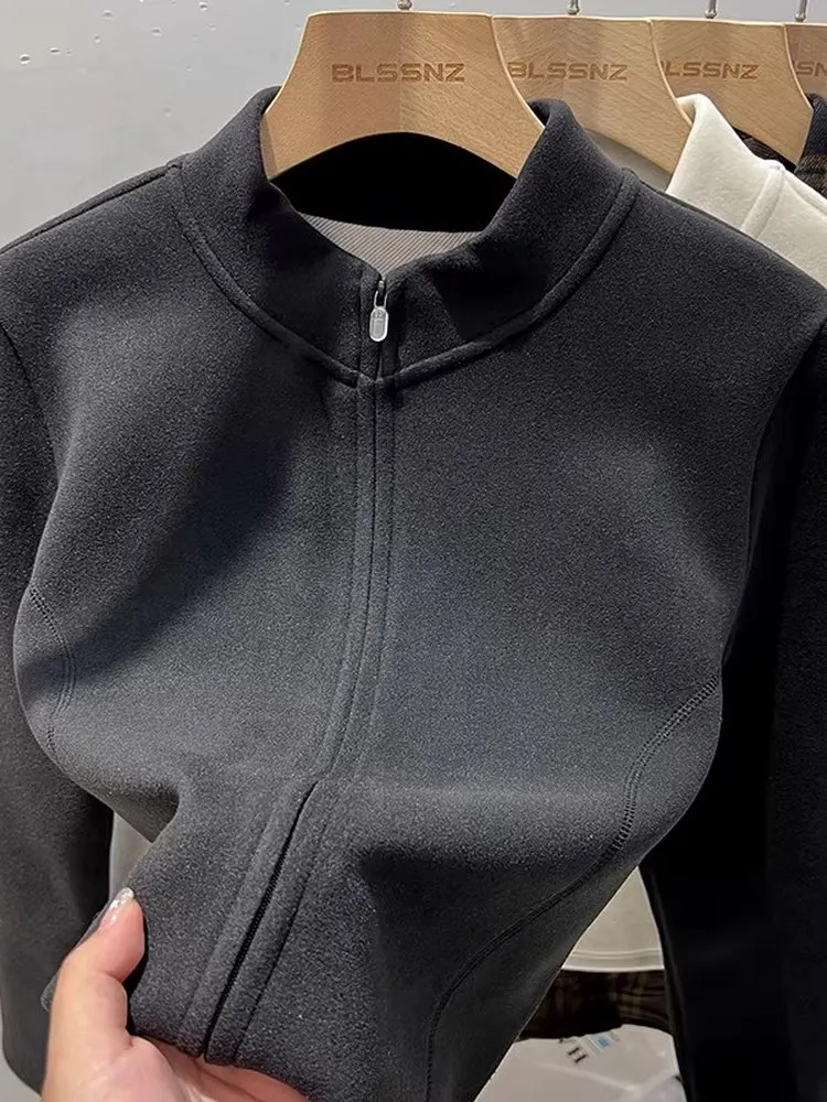 

Женский двусторонний флисовый кардиган с воротником-стойкой на молнии, с длинными рукавами, черный, базовый, для ношения под одеждой, повседневный, в корейском стиле