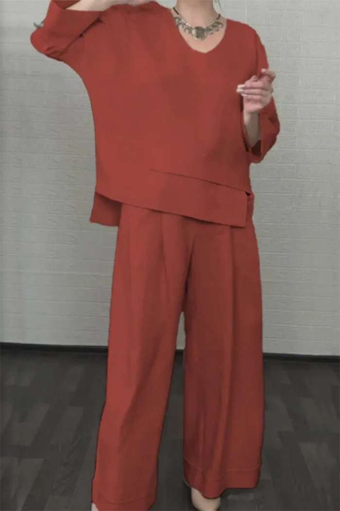 

2026 New Fashion Long-sleeved O-neck Design Top + Wide-leg Pants 2-piece Set Women Autumn Solid Color Loose Casual Suit Female