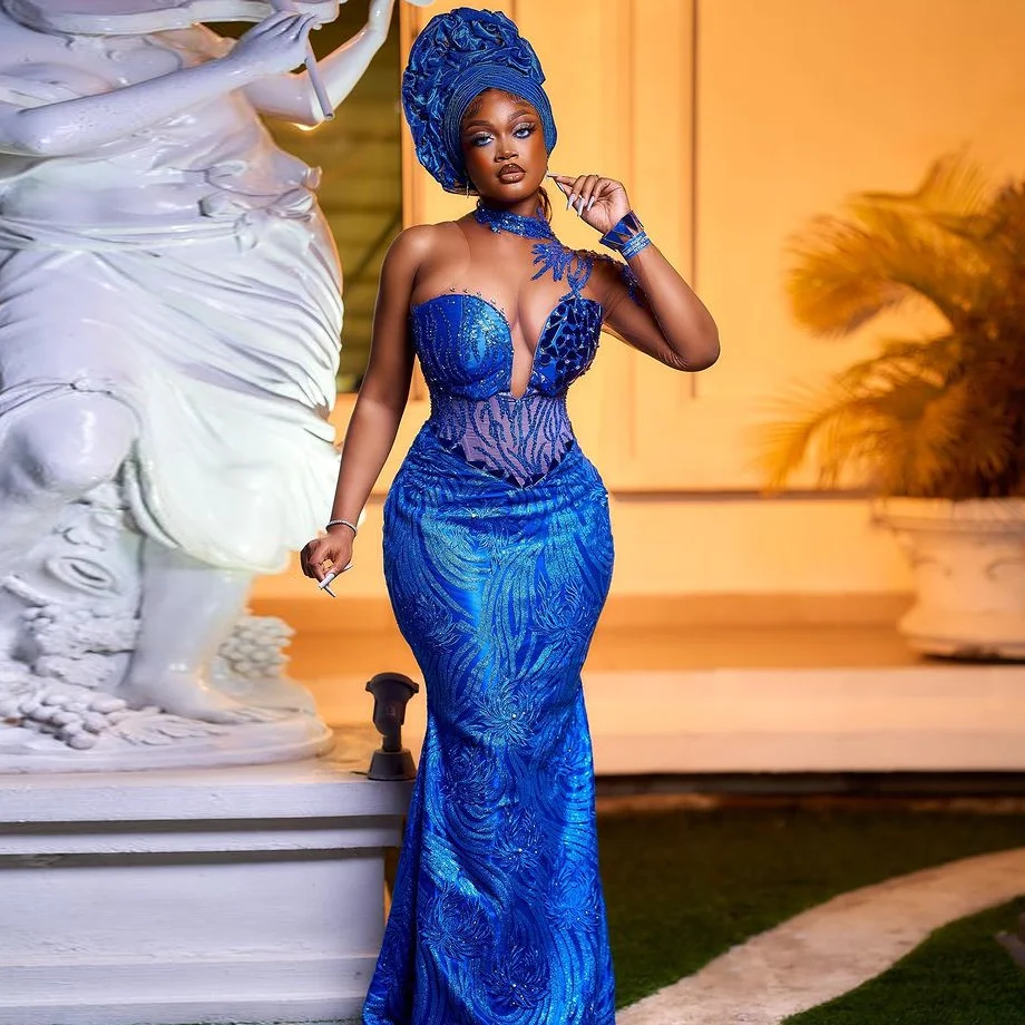 Graceful Royal Blue Aso Ebi Style Evening Dresses Plus Size African Women Asoebi Lace Dress Custom Made Beaded Mermaid Prom Gown