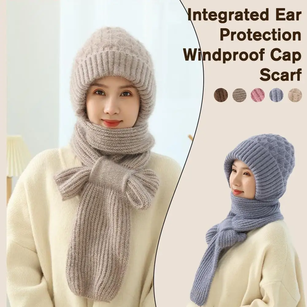 Winter Beanie Integrated Hat Scarf For Women Warm Wool Knitting Cap Ear Protection Skullies Hat For Cycling Y3O5