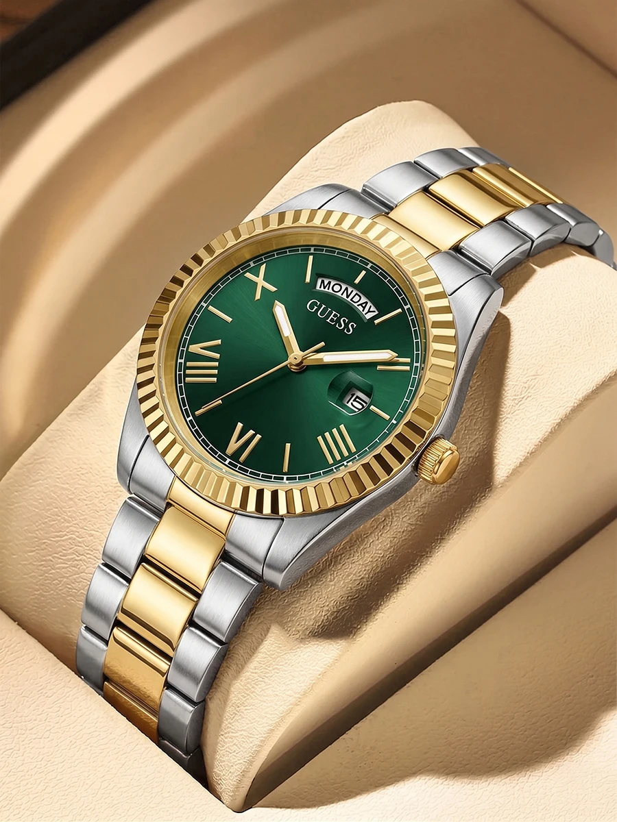 Relojes GUESS para Hombre, Reloj de Pulsera de Lujo de Acero Inoxidable Dorado con Esfera Verde, Visualización de Fecha y Día de la Semana, Resistente al Agua, de Cuarzo, para Negocios y Fiestas