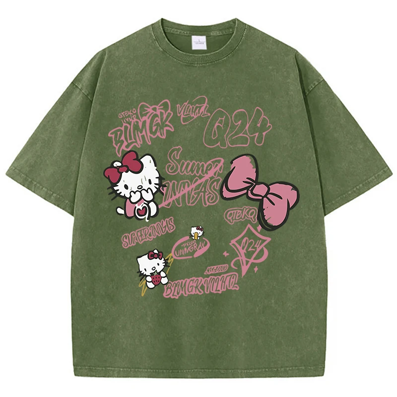 Sanrio Hello Kitty 2024 New Girl T-Shirts Summer American Retro Cotton Tee Shirt Loose Fitting Casual Popular Tshirt Tops