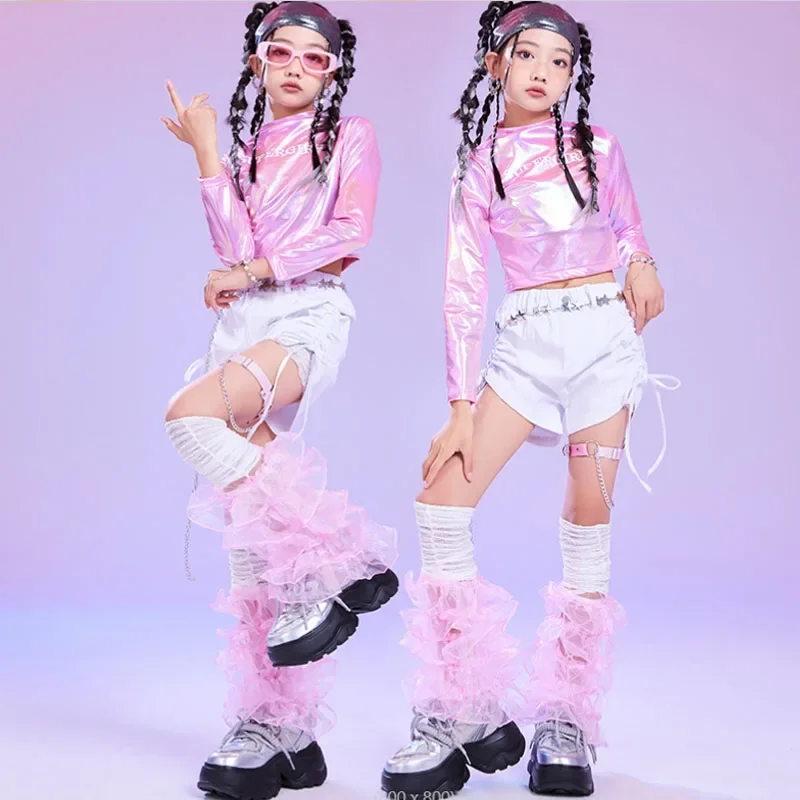 Mädchen K-pop Shiny Crop Top Street Dance Shorts Kinder Hip Hop Jazz Hot Pants Kleidung Sets Kinder Streetwear Mädchen gruppe Kostüm