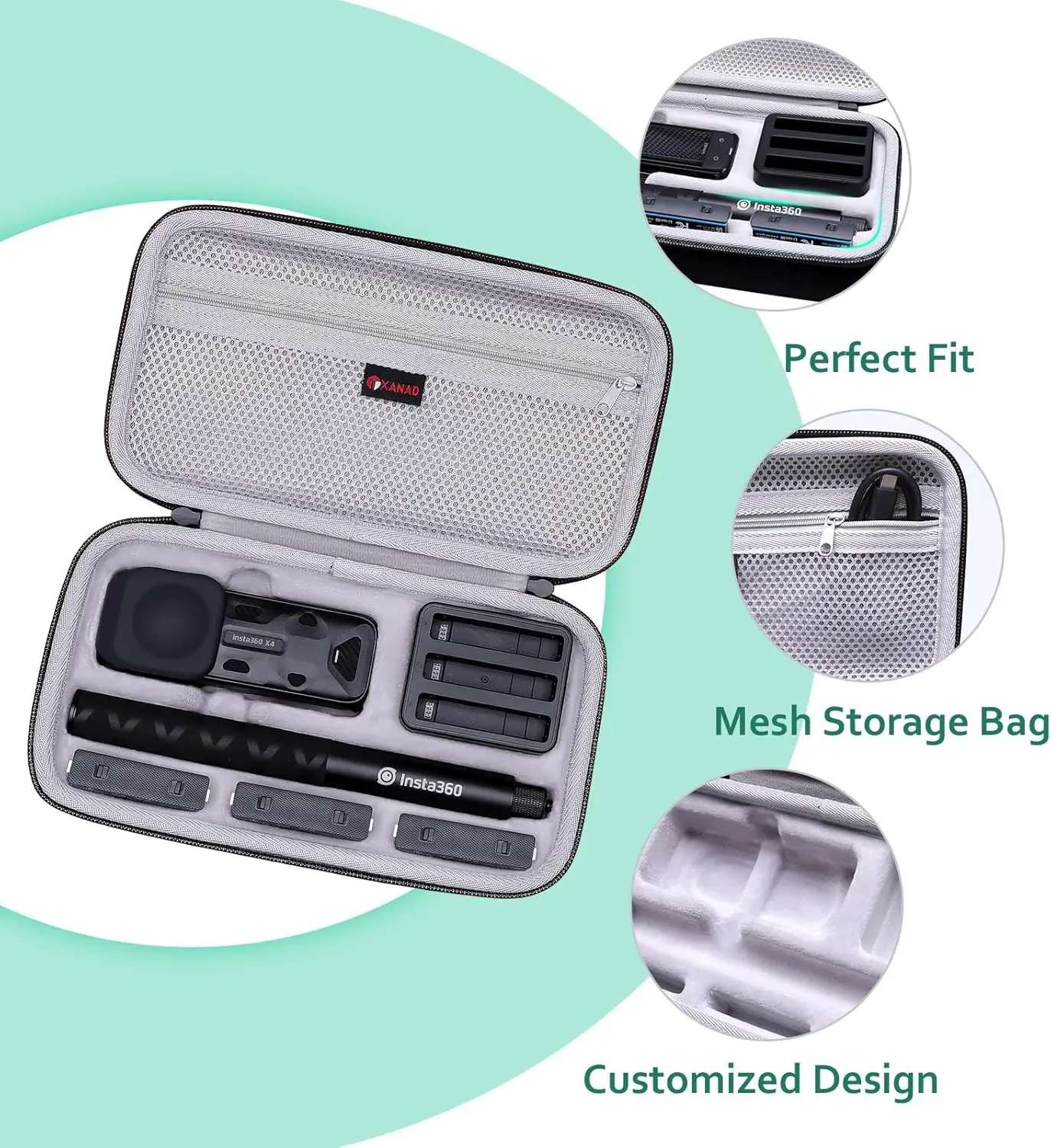 حافظة صلبة لهاتف Insta360 X5/X4/X4 Air/X3/X2، حافظة كاميرا الحركة 8K مقاومة للماء مع عصا سيلفي مقاس 114 سم وحقيبة تخزين رمادية #4