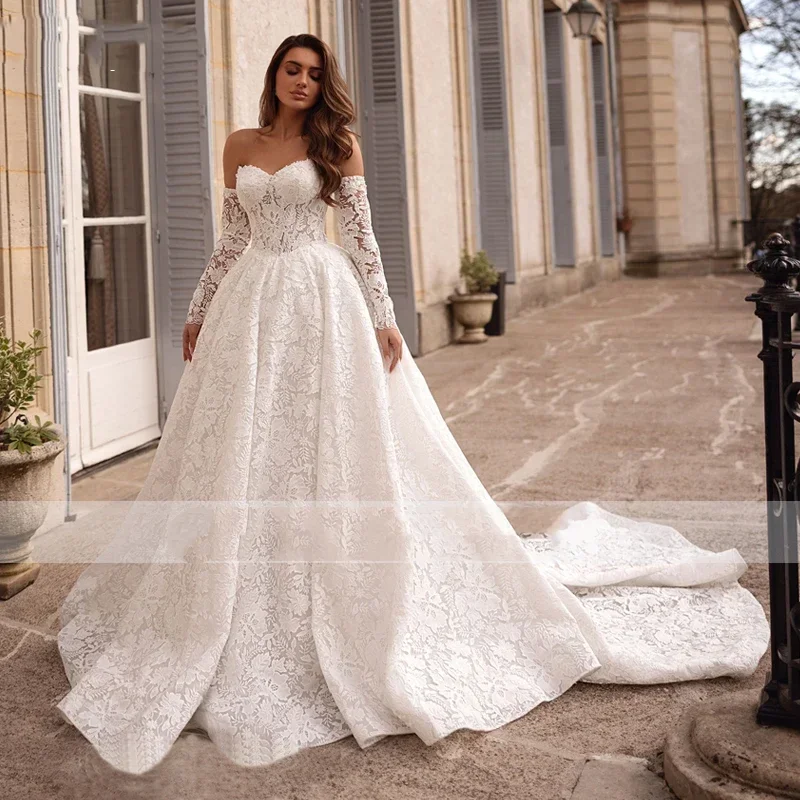 Personalizado luxuoso querida vestido de novia manga longa a linha rendas vestidos de casamento 2025 trem varredura princesa vestido de noiva