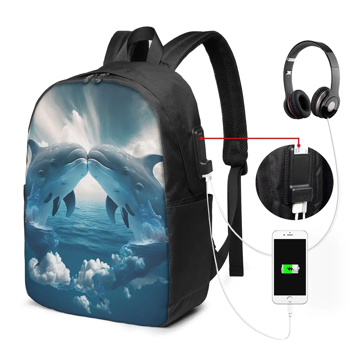 Two Charming Dolphin In Sea Backpack Travel Notebook Bag Computer College Student School Bag Laptop Shoulder Bags for Men Women