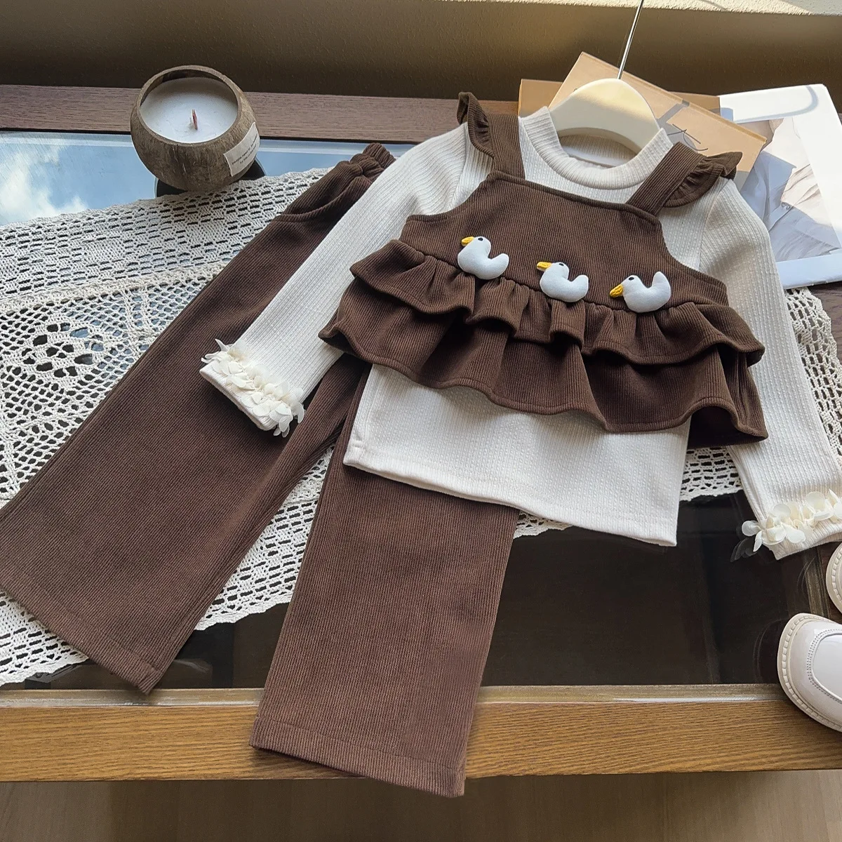 

2024 Clothing Set Girls Long Sleeve O Neck Ruffles Duck T-shirt Brown Pants 2 Pcs Sets Casual Girls Clothes Set 18M-7T