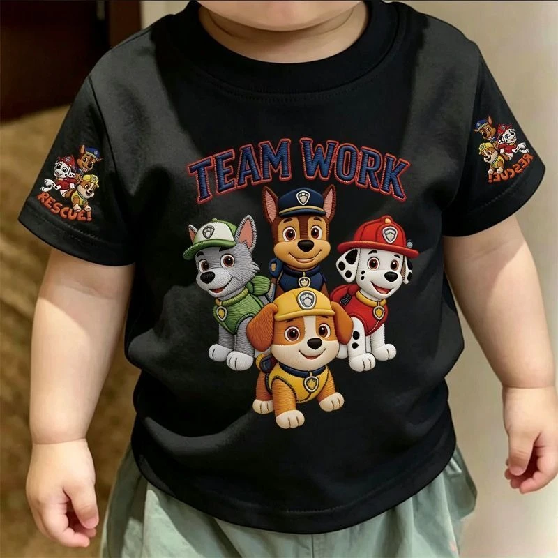 Cartoon PAW Patrol Toddler Cotton T‑Shirt Team Work Dog Print Sleeve Rescue Pattern Short Sleeve Tee Boys Kids Casual Tops