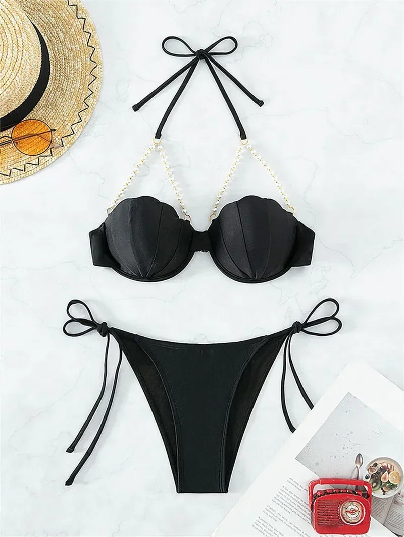 Sexy Black Shell Halter Bikinis Set Mujer Push Up Swimwear Women Micro Thong Swimsuits Pearl Metal Bathing Suit Bikini Biquinis