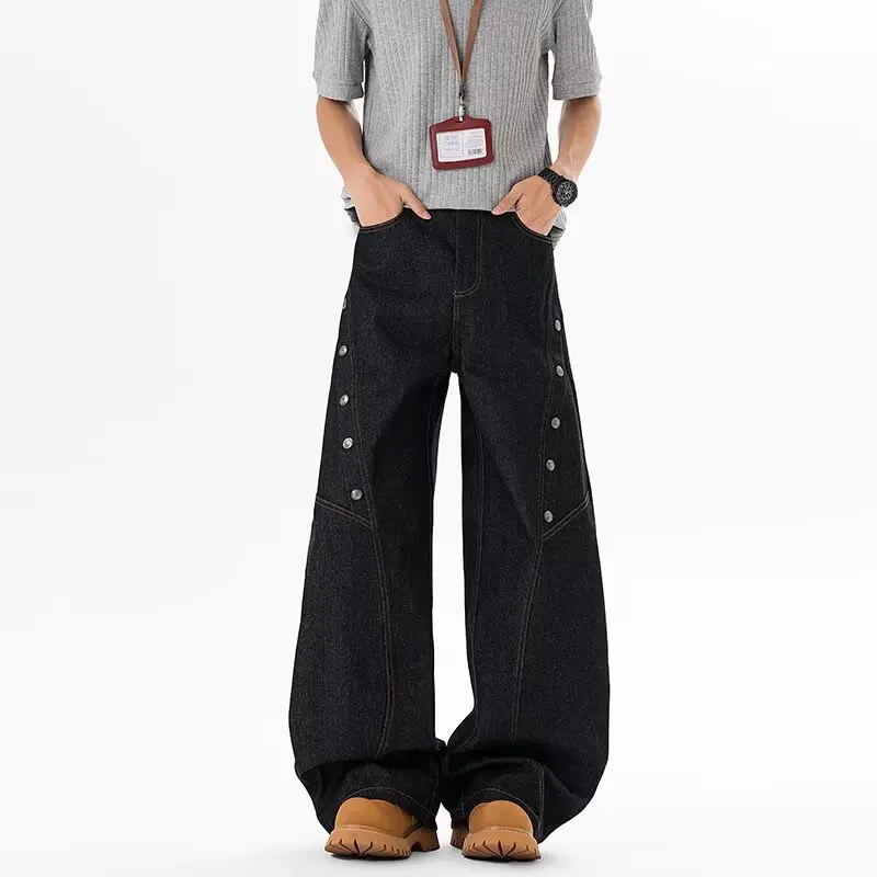 

2026 Cyber Y2K Streetwear Button Design Black Baggy Jeans Pants For Men Clothing Straight Cotton Long Trousers Pantalon Hombre