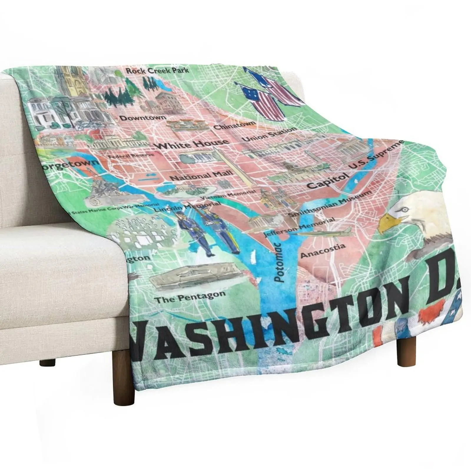 Washington DC USA Illustrated Map with Main Roads Landmarks and Highlights Throw Blanket Soft Plaid Furrys Blankets