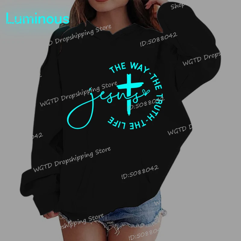 

Children Jesus Cross Print Hoodie 2025 Autumn Winter Fleece Sweatshirts Women Men Casual Luminous Style Christianity Hoodies