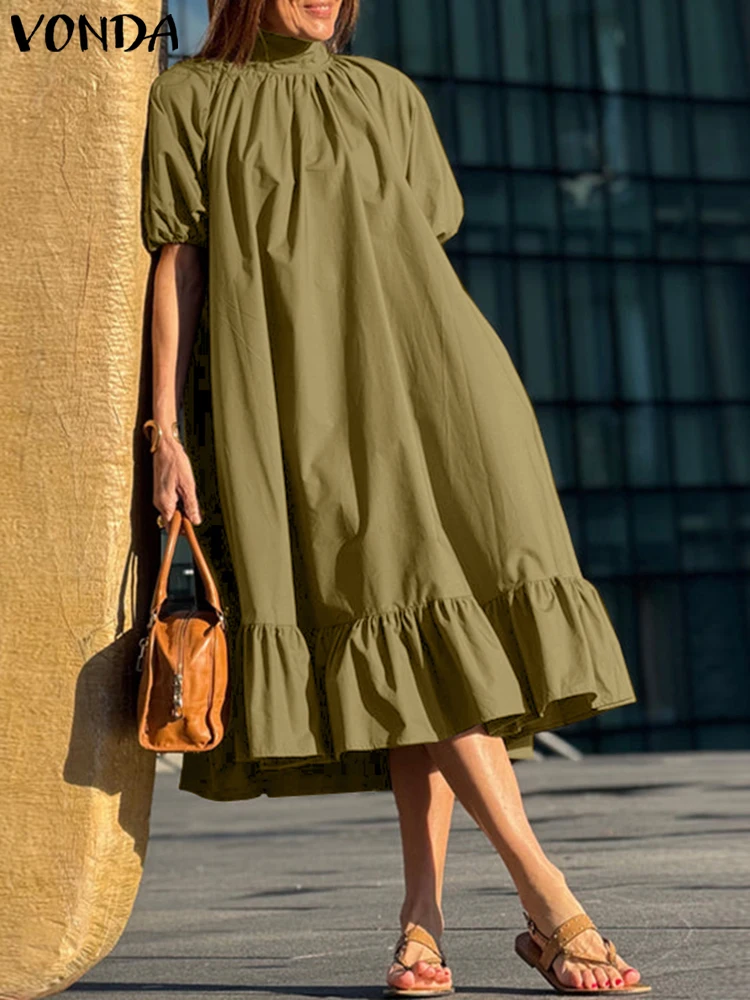 

Плюс размер 5XL VONDA однотонное платье женское с коротким рукавом миди сарафан элегантный OL рабочий рюшами Vestidos 2025 галстук-бабочка шеи повседневный халат