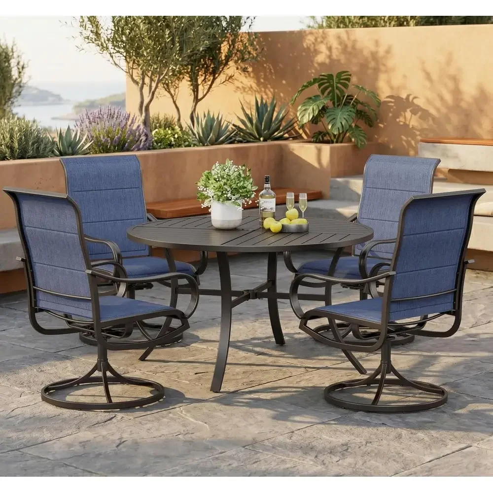 All-Weather Blue Patio Dining Set with 4 Swivel Chairs and Padded Textilene Seating