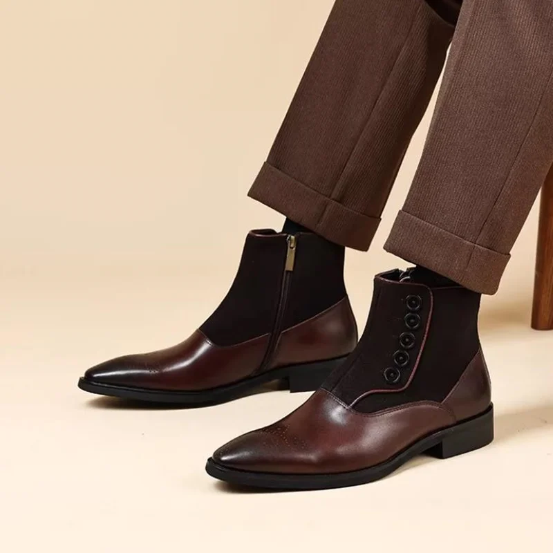 High-end Men's Cowhide Chelsea Boots Italian Men Knight Boots Man Dress Boots Buckle Button Work Boots Pointed Toe Shoes Men view 6