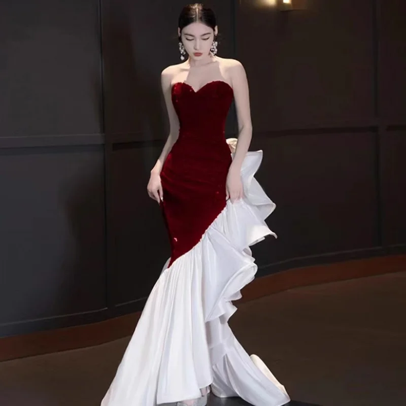 

Tube Top Fishtail Wine Red Evening Dress Advanced Light Luxury2024New Bride Engagement Toast Clothing Host Costume