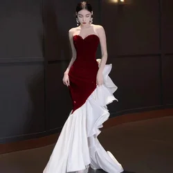 Tube Top Fishtail Wine Red Evening Dress Advanced Light Luxury2024New Bride Engagement Toast Clothing Host Costume